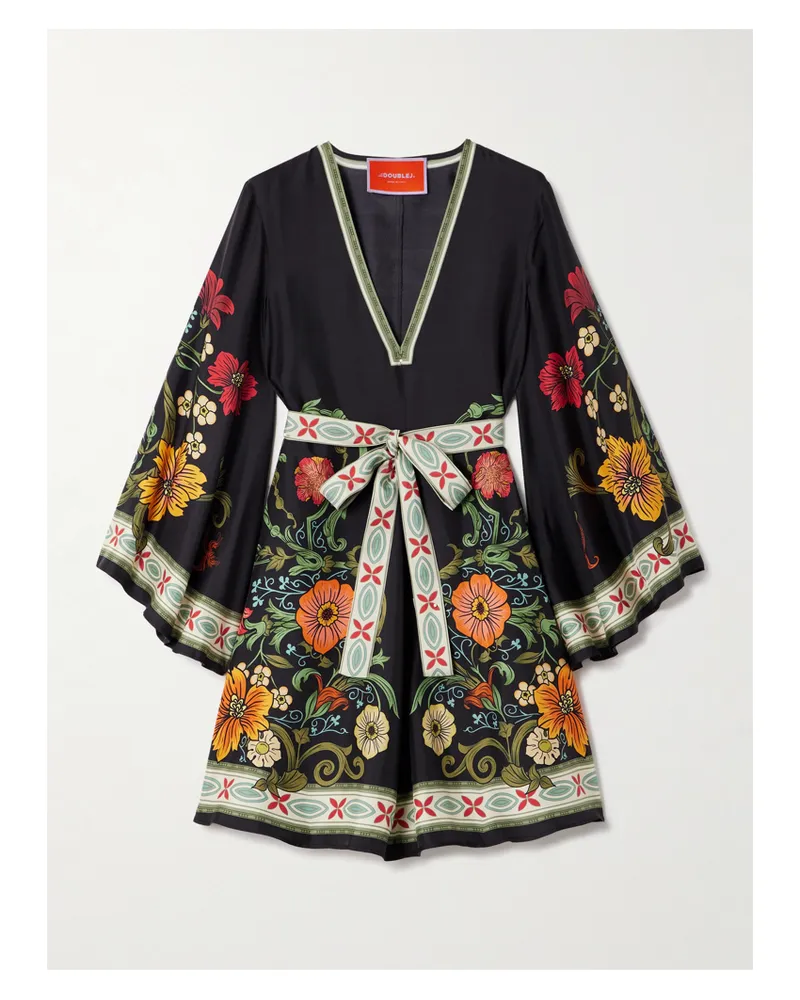 La DoubleJ Magnifico Minikleid Aus Seiden-twill Mit Blumenprint Und Bindegürtel - Schwarz Schwarz