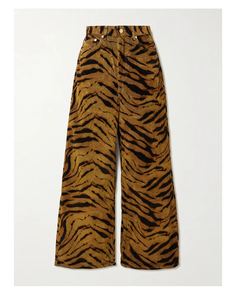 Ganni Hose Mit Weitem Bein Aus Velveton Aus Einer Baumwollmischung Mit Zebra-print - Grün Grün