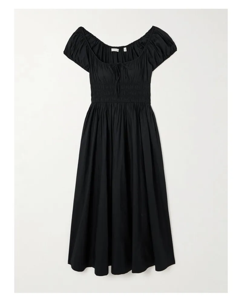 DÔEN Quinn Midikleid Aus Biobaumwollpopeline Mit Raffungen Und Bändern - Schwarz Schwarz