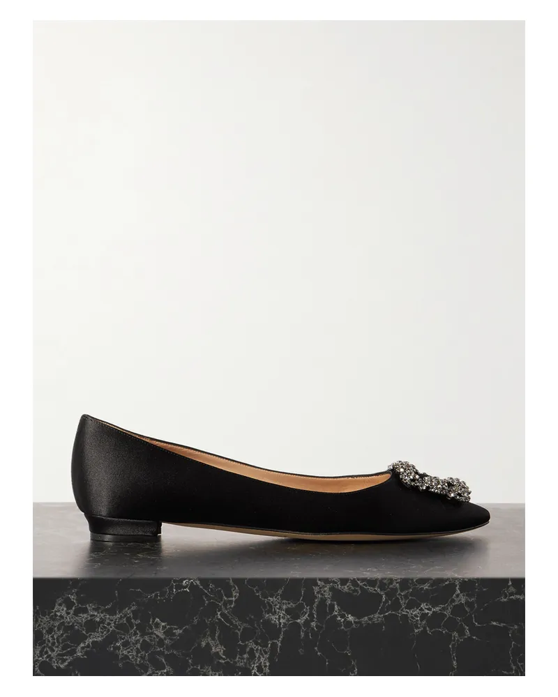 Manolo Blahnik Hangisi Crystal-embellished Satin Point-toe Flats - Black Black