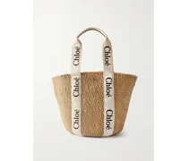 Woody Large Leather-trimmed Raffia Tote - White