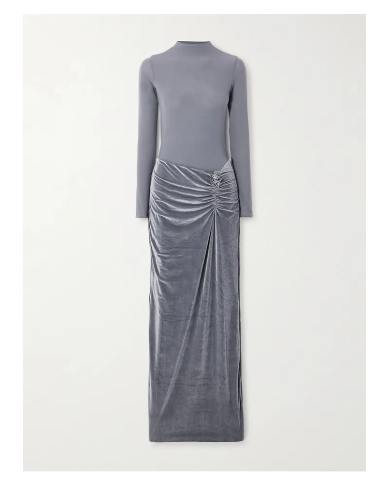 Maygel Coronel Borelli Appliquéd Gathered Open-back Jersey-trimmed Velvet Maxi Dress - Gray Gray