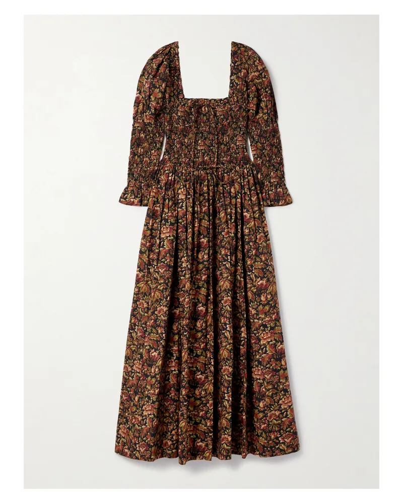 DÔEN Bijou Midikleid Aus Biobaumwoll-voile Mit Blumenprint Und Raffungen - Schwarz Schwarz