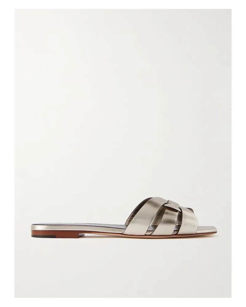 Saint Laurent Tribute Pantoletten Aus Geflochtenem Metallic-leder - Silber Silber