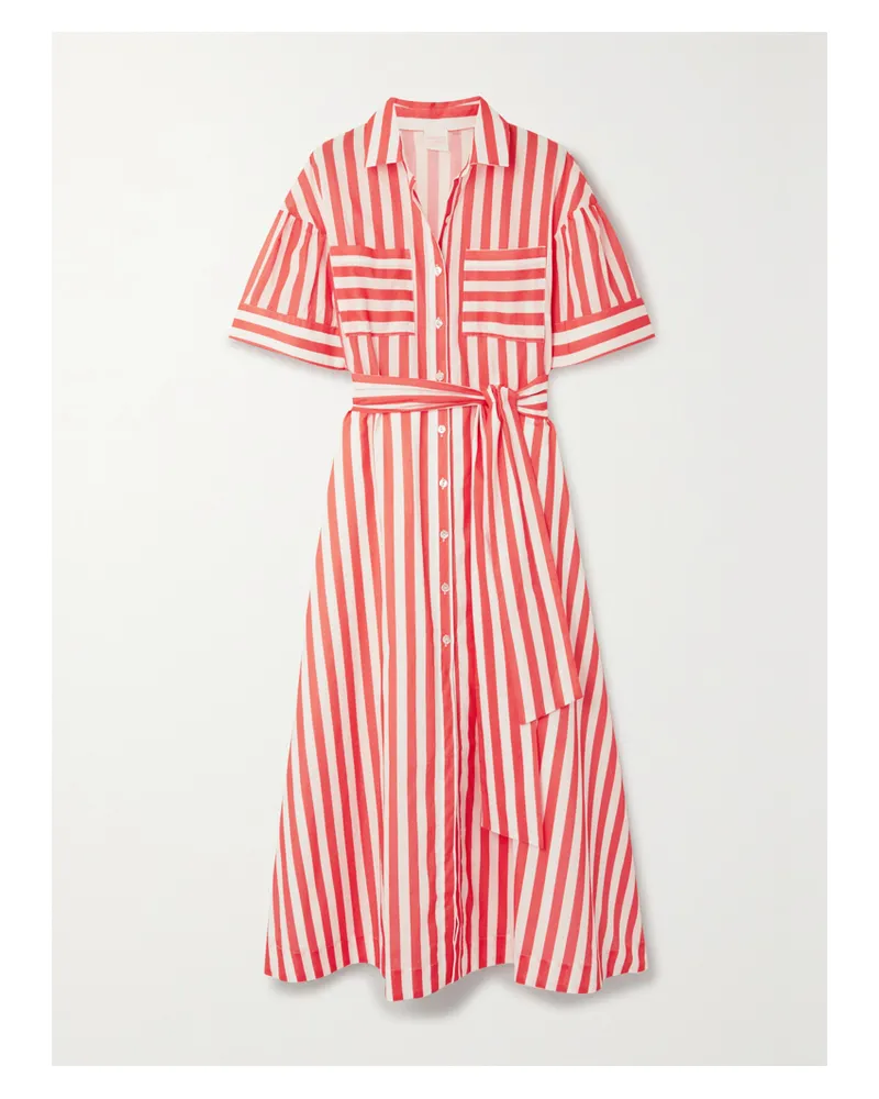 Loretta Caponi Net Sustain Sofia Gestreiftes Midi-hemdblusenkleid Aus Baumwollpopeline Mit Bindegürtel - Orange Orange