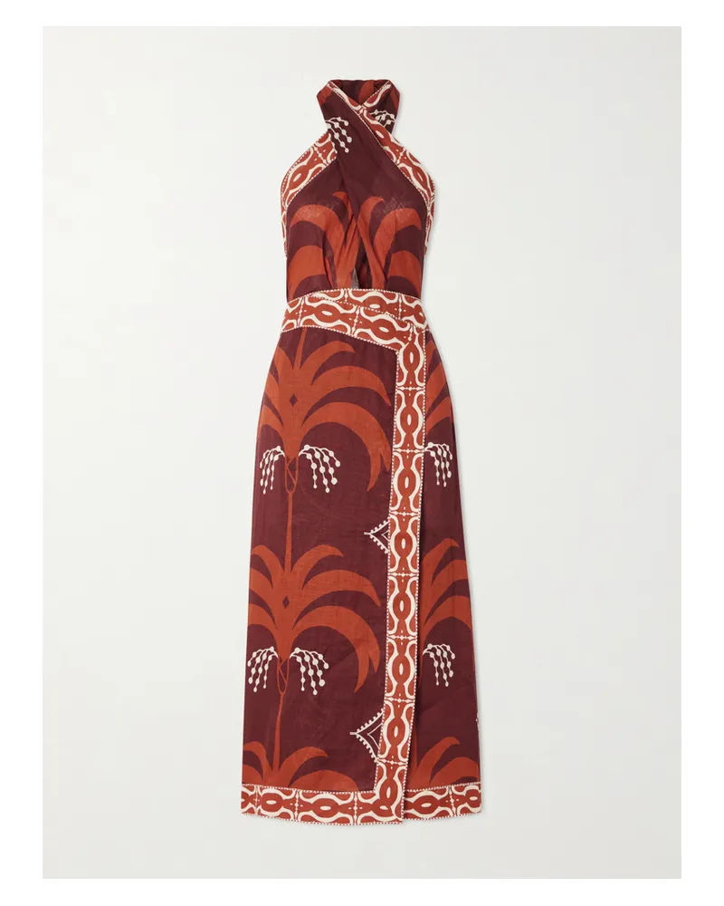 Johanna Ortiz Cutout Printed Linen Halterneck Maxi Dress - Red Red