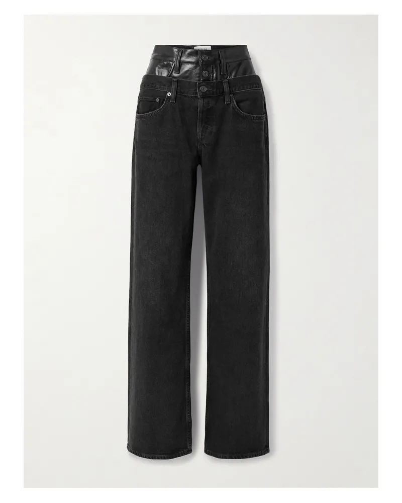 AGOLDE Elson Recycled Leather-blend Trimmed High-rise Wide-leg Jeans - Black Black