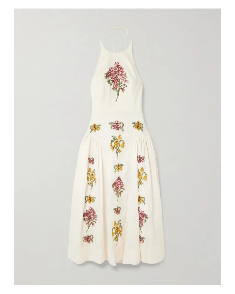 AGUA BENDITA Balsa Faux Pearl-embellished Embroidered Linen Halterneck Midi Dress - Off-white Off-white