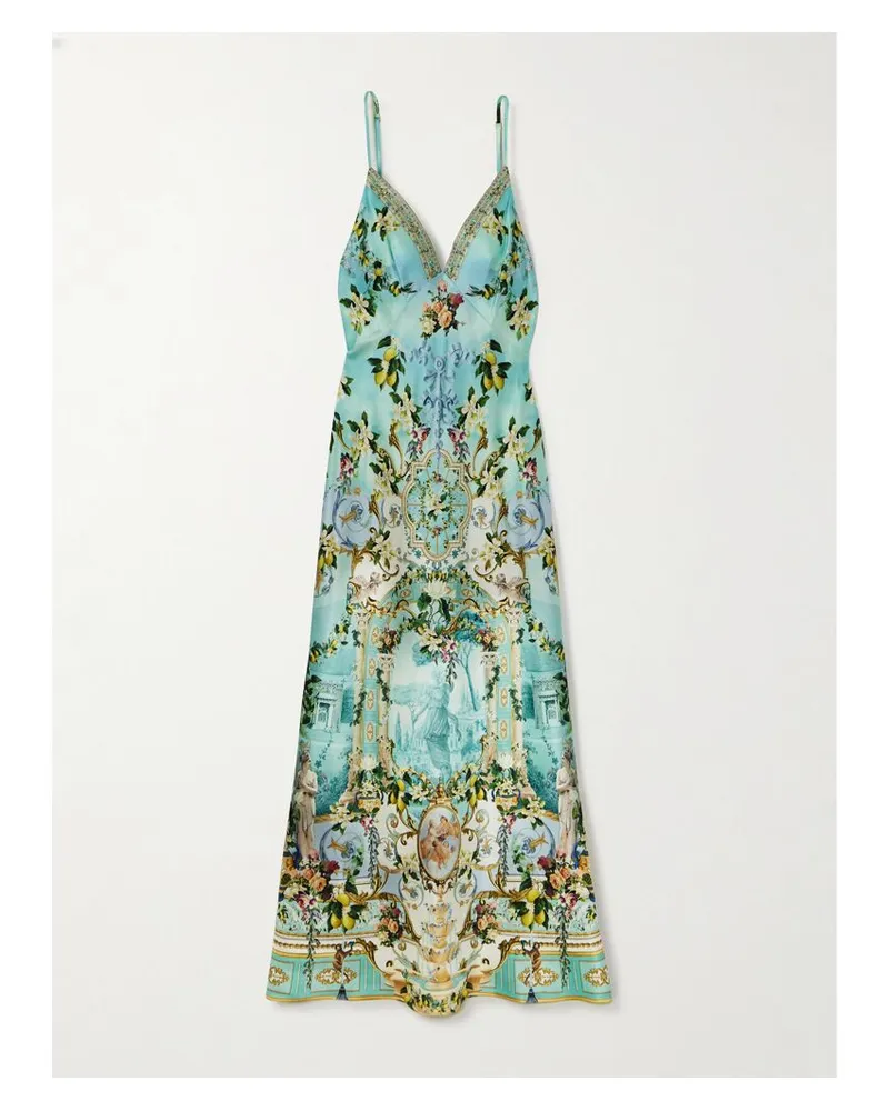 Camilla The White Lotus Maxikleid Aus Bedruckter Seide Mit Kristallen - Blau Blau