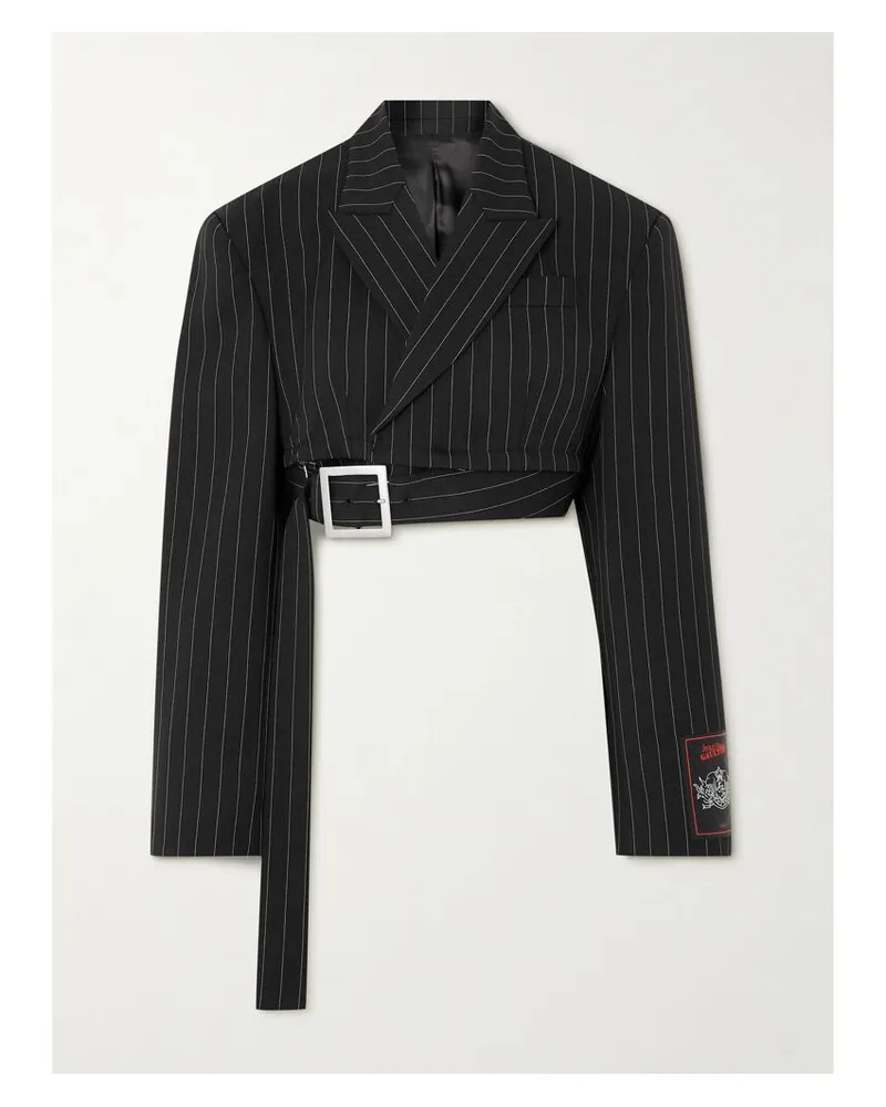 Jean Paul Gaultier Verkürzter Doppelreihiger Blazer Aus Woll-twill Mit Nadelstreifen Und Gürtel - Schwarz Schwarz
