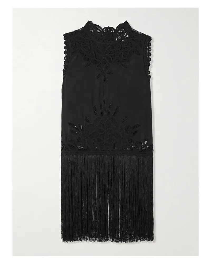 Sea Adelina Tie-side Fringed Lace-paneled Woven Top - Black Black