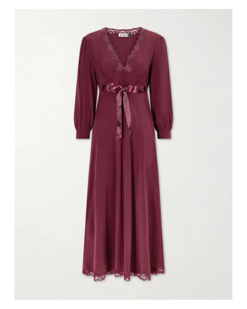 RIXO Adaline Bow-detailed Lace-trimmed Silk Maxi Dress - Burgundy Burgundy