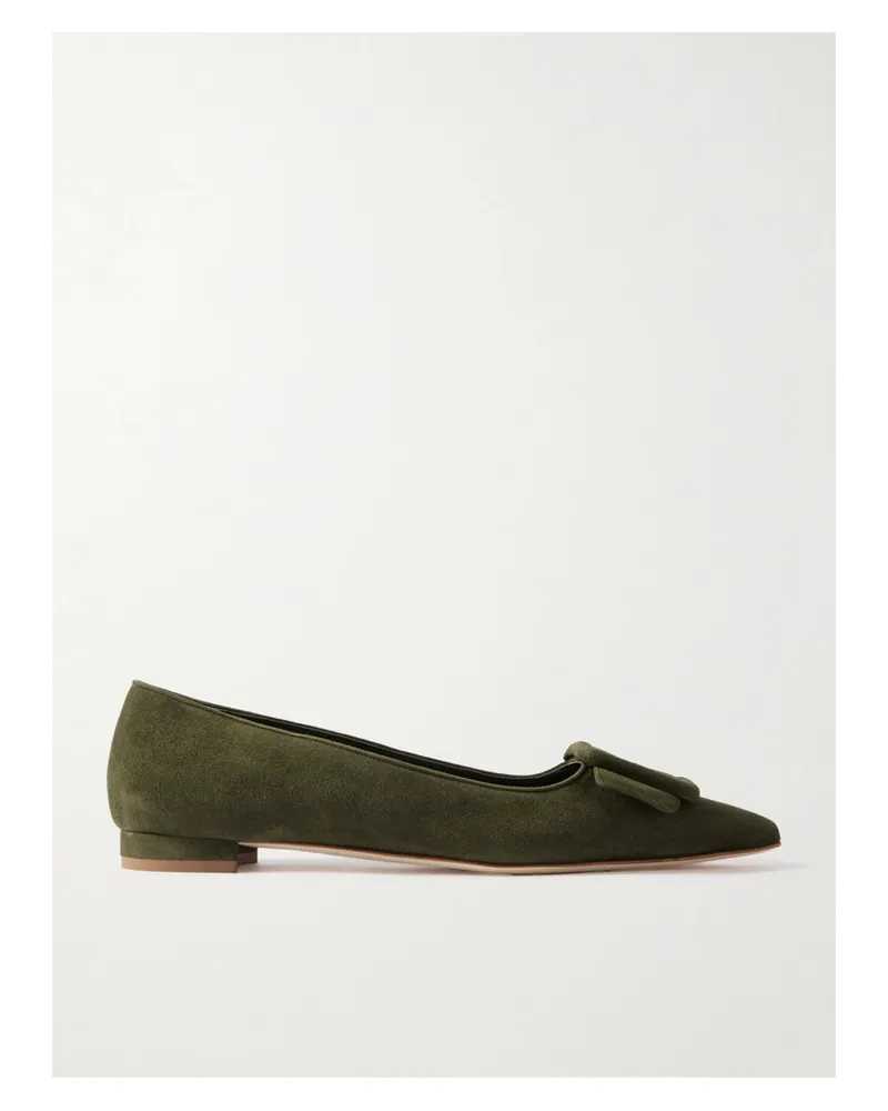 Manolo Blahnik Maysale Buckled Suede Point-toe Flats - Green Green