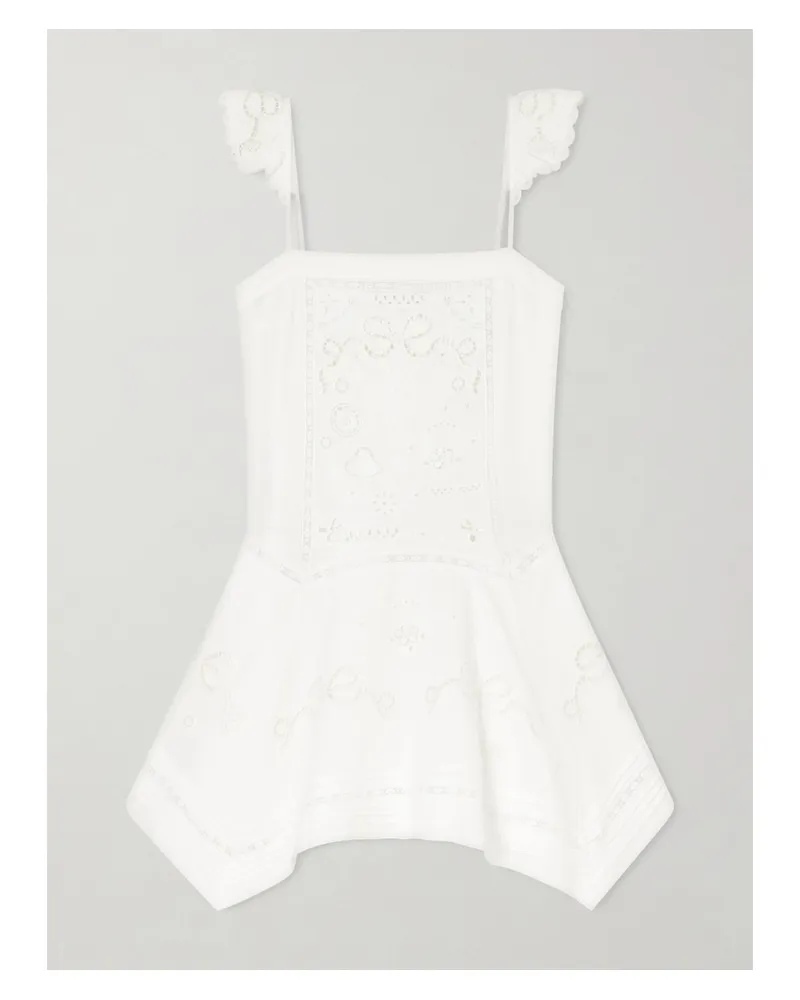 Self-Portrait Asymmetric Embroidered Linen And Cotton-blend Midi Dress - White White