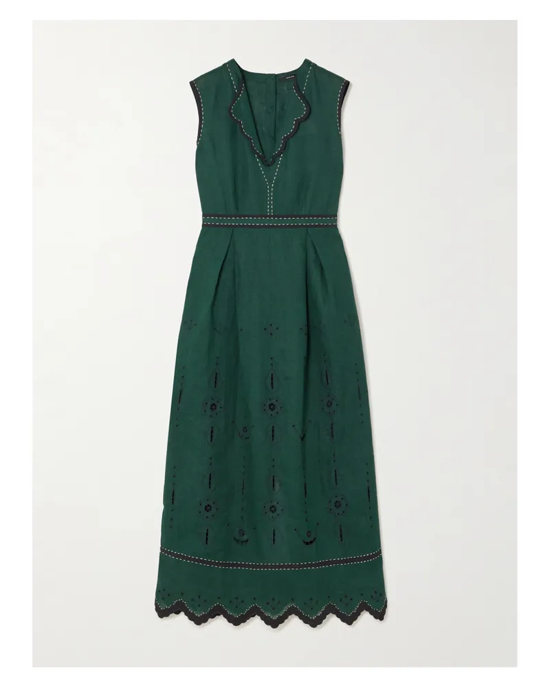 VITA KIN Cassandra Midikleid Aus Leinen Mit Lochstickerei Und Wellenkanten - Grün Grün