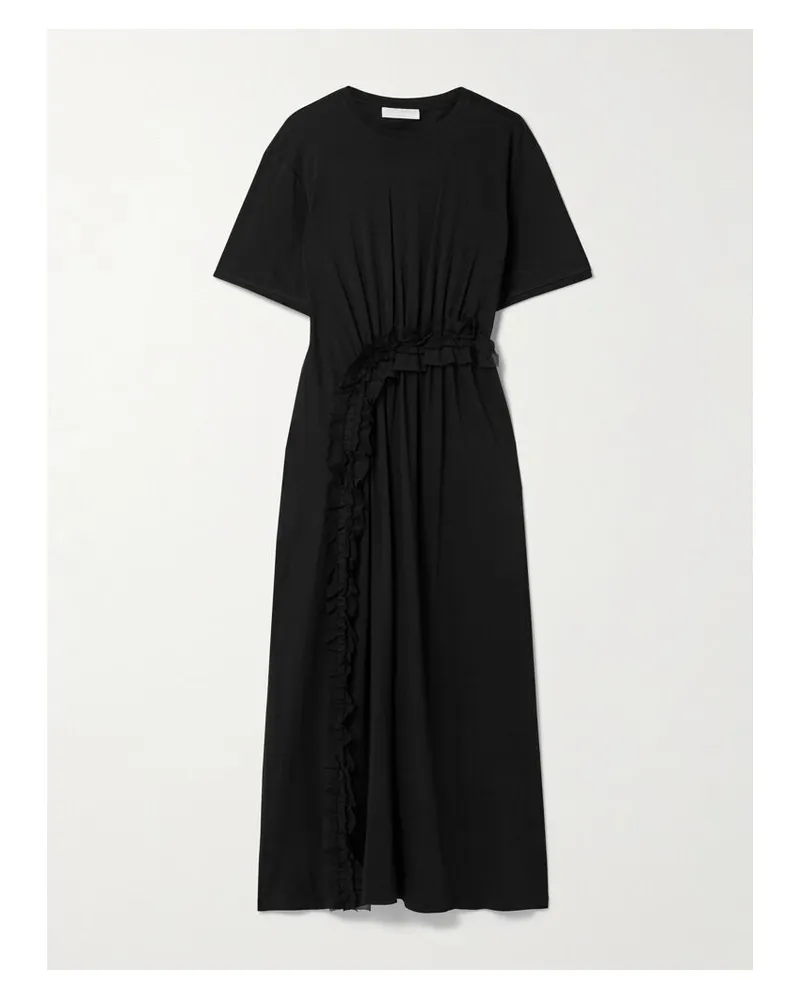 Ulla Johnson Lilia Midikleid Aus Biobaumwoll-jersey Mit Raffungen Und Gerüschtem Kreponbesatz - Schwarz Schwarz