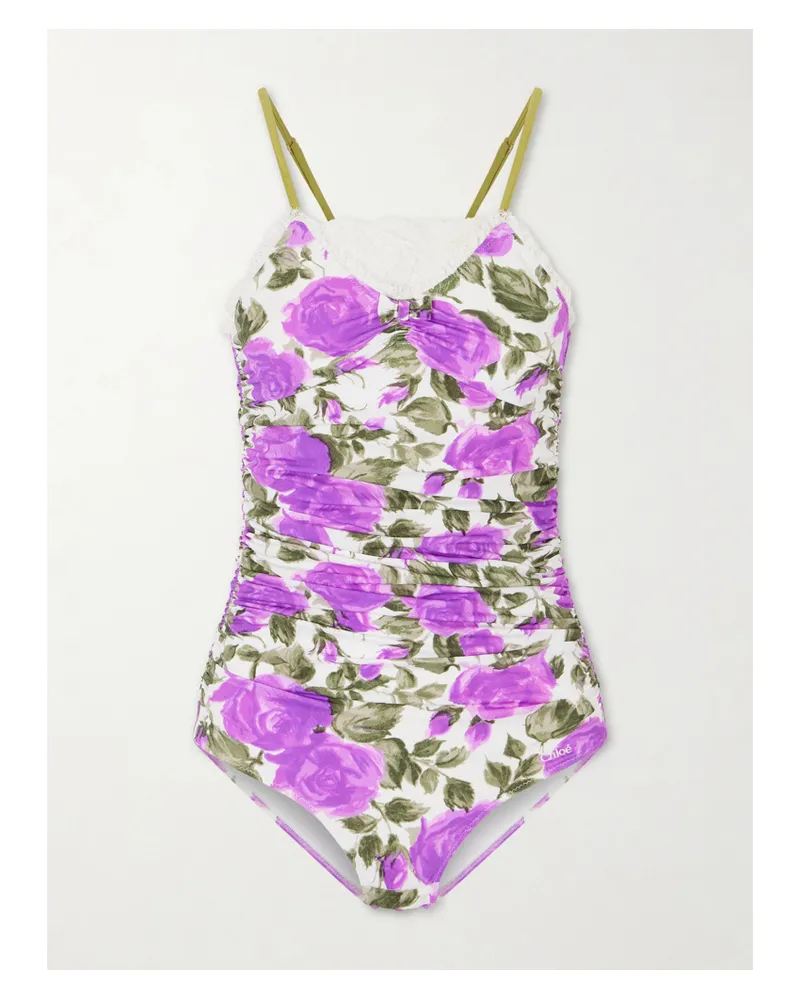 Chloé Bow-detailed Ruched Lace-trimmed Floral-print Swimsuit - Purple Purple