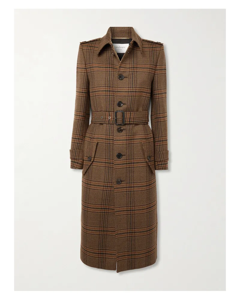 Saint Laurent Belted Checked Wool Trench Coat - Brown Brown