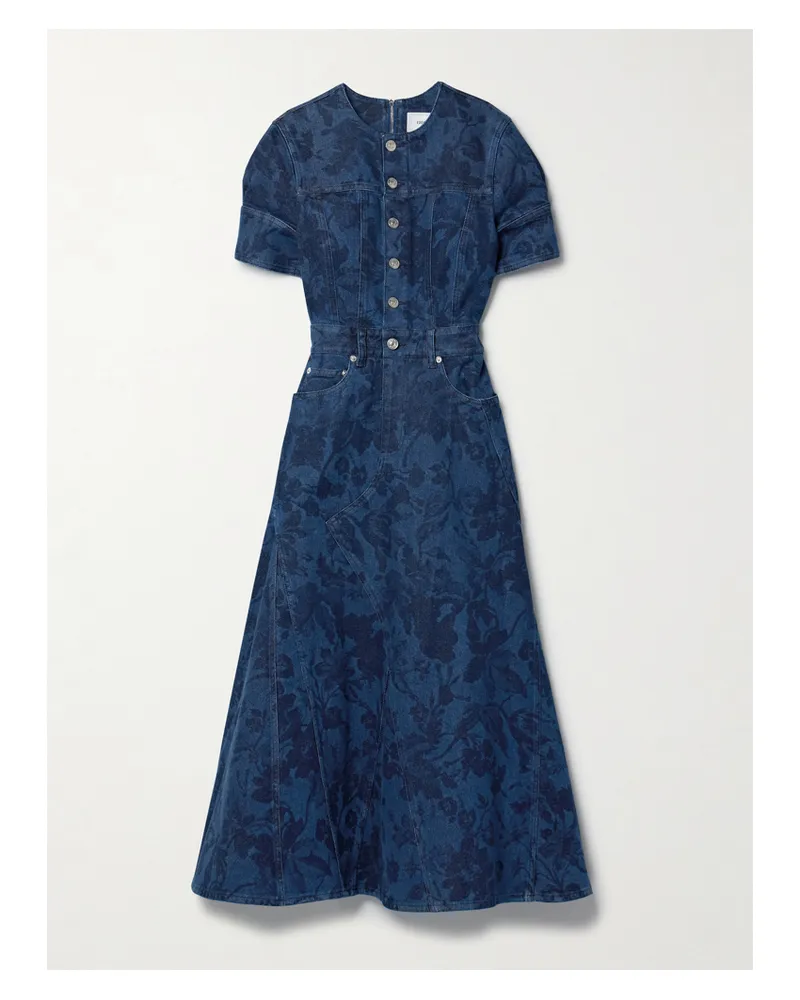 Erdem Midikleid Aus Denim Mit Blumenprint Und Lederbesatz - Blau Blau