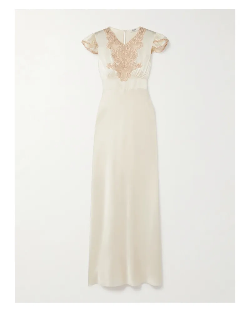 Chloé Corded Lace-trimmed Silk-satin Midi Dress - Neutrals Neutrals