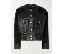 Bomberjacke Aus Gestepptem Leder Und Tweed - Schwarz