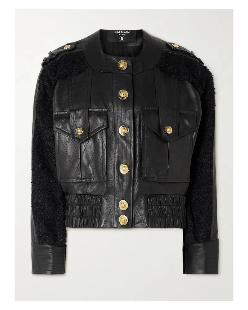 Balmain Bomberjacke Aus Gestepptem Leder Und Tweed - Schwarz Schwarz