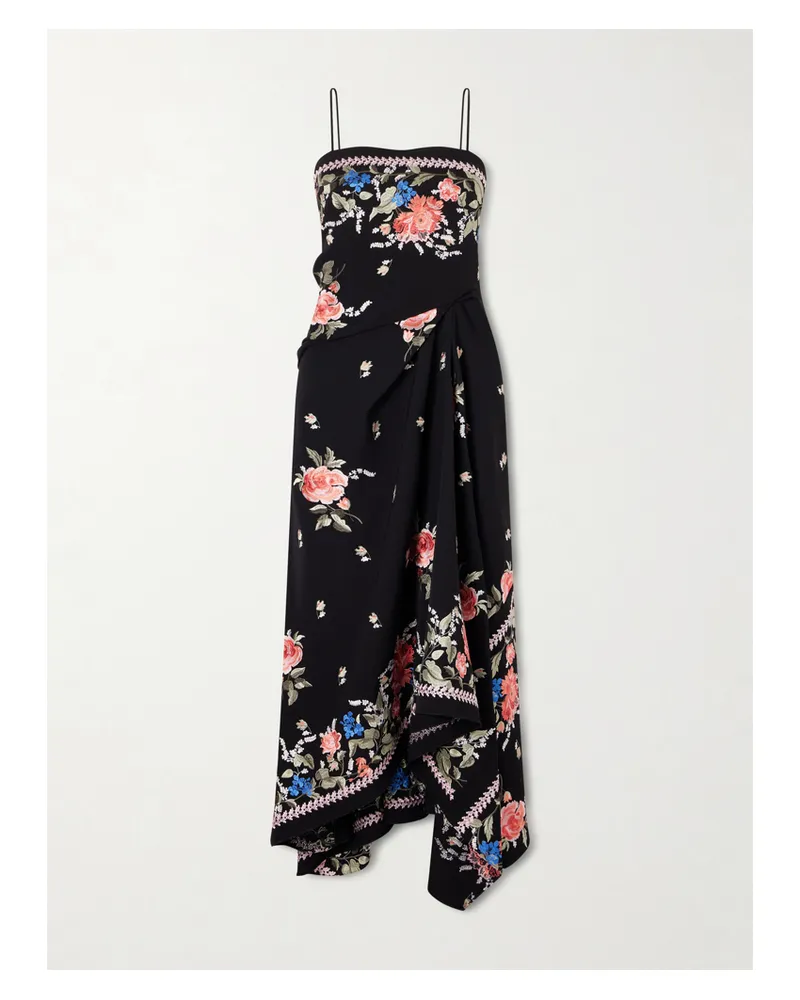 Erdem Asymmetric Embroidered Grain De Poudre Wool Midi Dress - Black Black