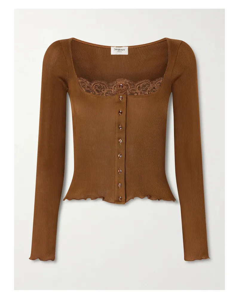 Saint Laurent Cardigan Aus Geripptem Seiden-jersey Mit Spitzenbesatz - Braun Braun