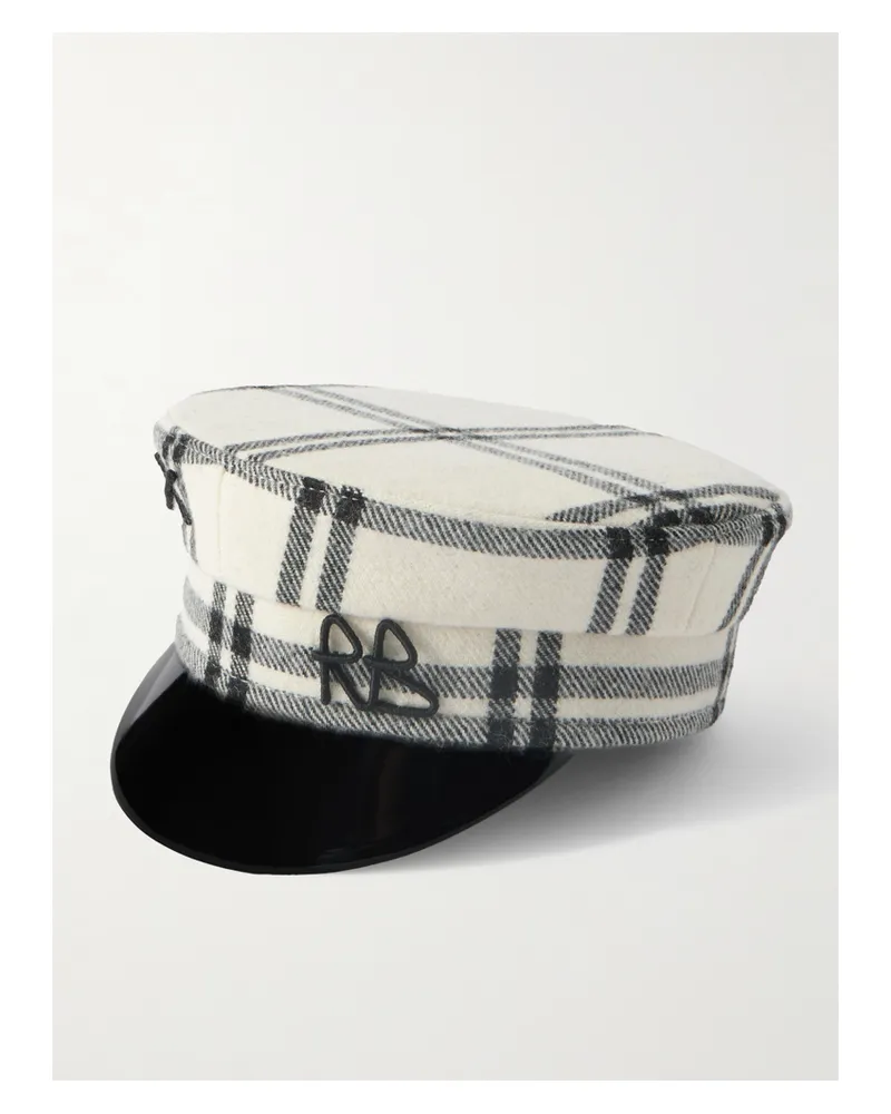 RUSLAN BAGINSKIY Baker Boy Embroidered Checked Wool-blend Flannel Cap - White White