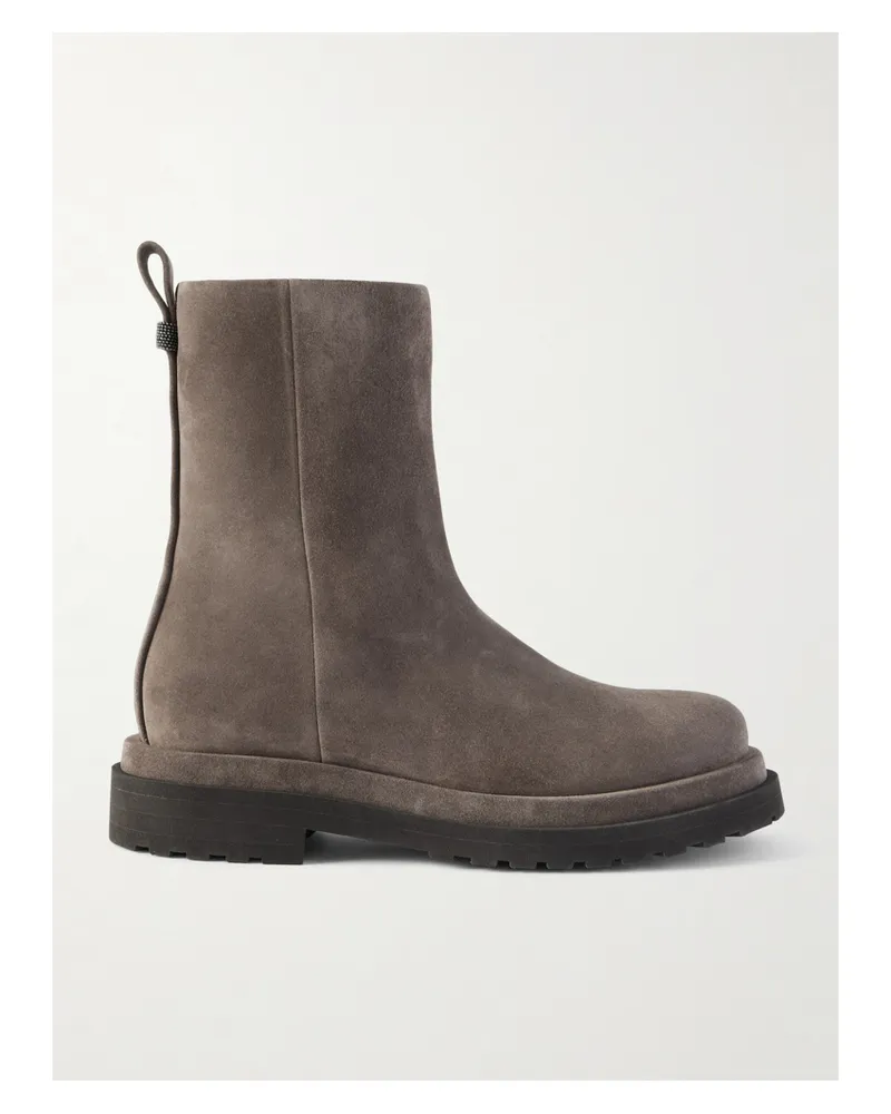 Brunello Cucinelli Bead-embellished Suede Ankle Boots - Brown Brown