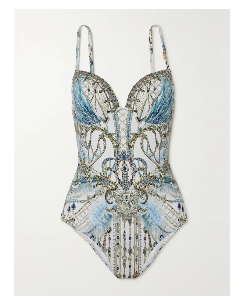 Camilla Badeanzug Aus Bedrucktem Stretch-econyl® Mit Verzierungen - Blau Blau