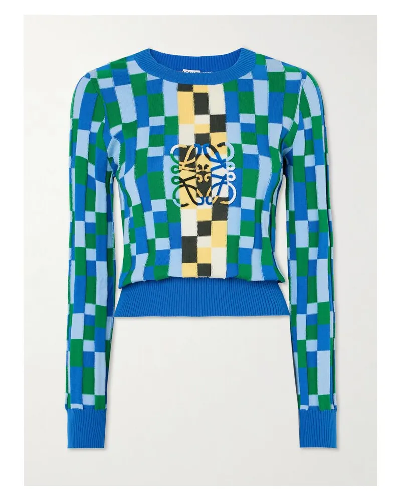 Loewe Anagram Pullover Aus Baumwolle Mit Kariertem Intarsienmuster Und Applikation - Blau Blau