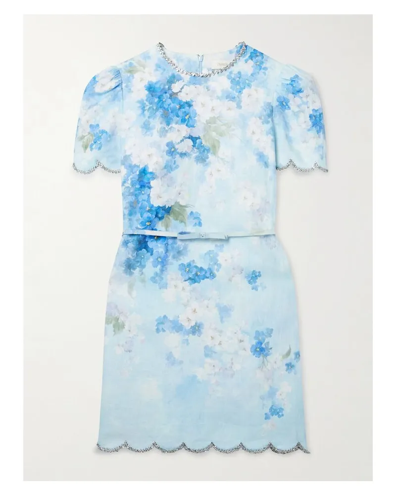 Zimmermann Crush Minikleid Aus Leinen Mit Blumenprint, Kristallen Und Gürtel - Blau Blau