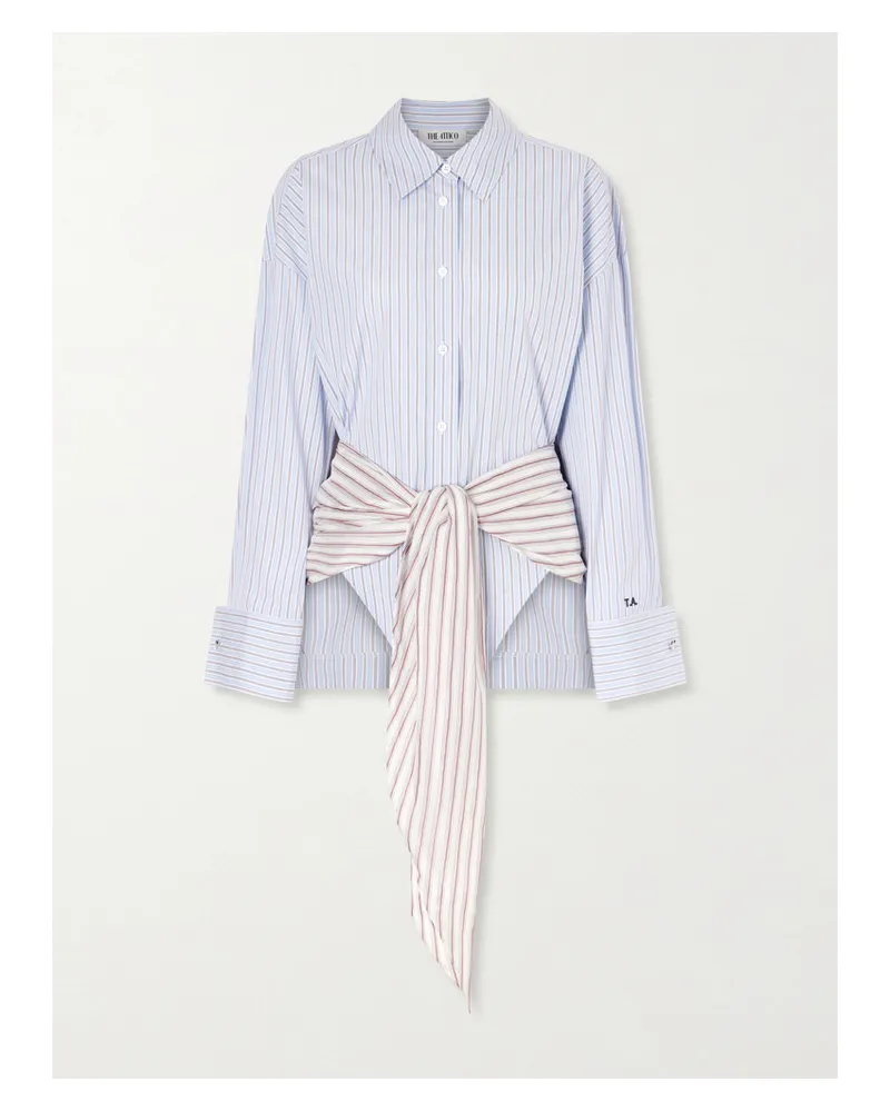 ATTICO Belted Striped Cotton-poplin Mini Dress - Blue Blue