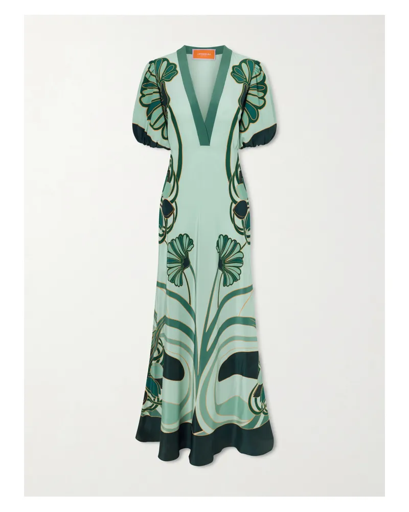 La DoubleJ Marlene Satin-trimmed Printed Silk-crepe Midi Dress - Green Green