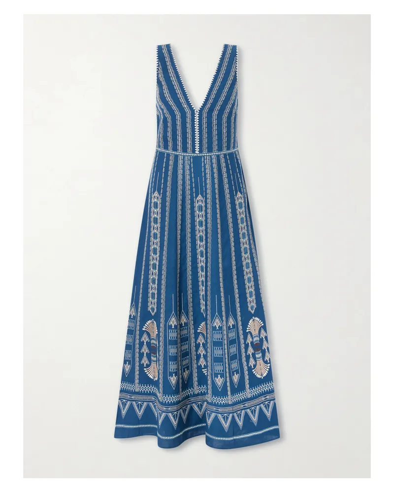 Emporio Sirenuse Nellie Embroidered Cotton And Linen-blend Maxi Dress - Blue Blue