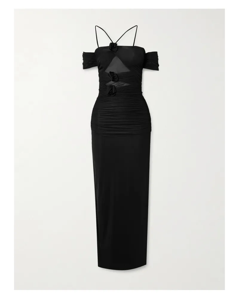 Maygel Coronel Abisso Appliquéd Cutout Ruched Stretch-jersey Maxi Dress - Black Black