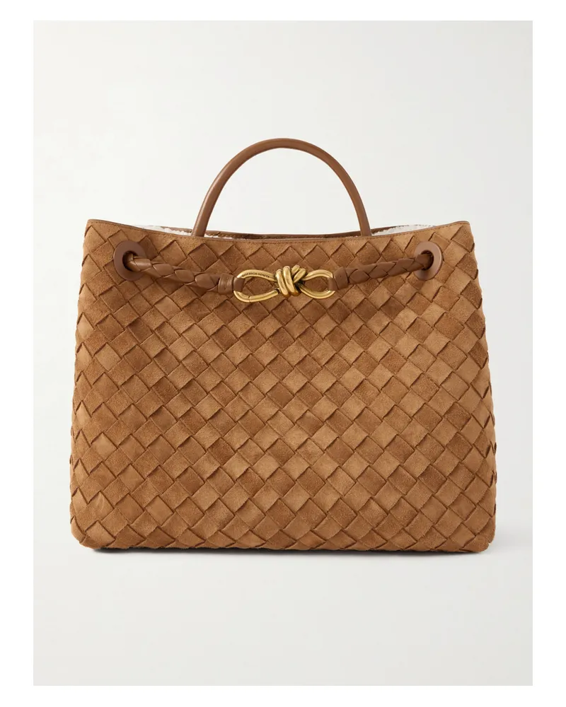 Bottega Veneta Andiamo Medium Shearling-lined Leather-trimmed Intrecciato Suede Tote - Brown Brown
