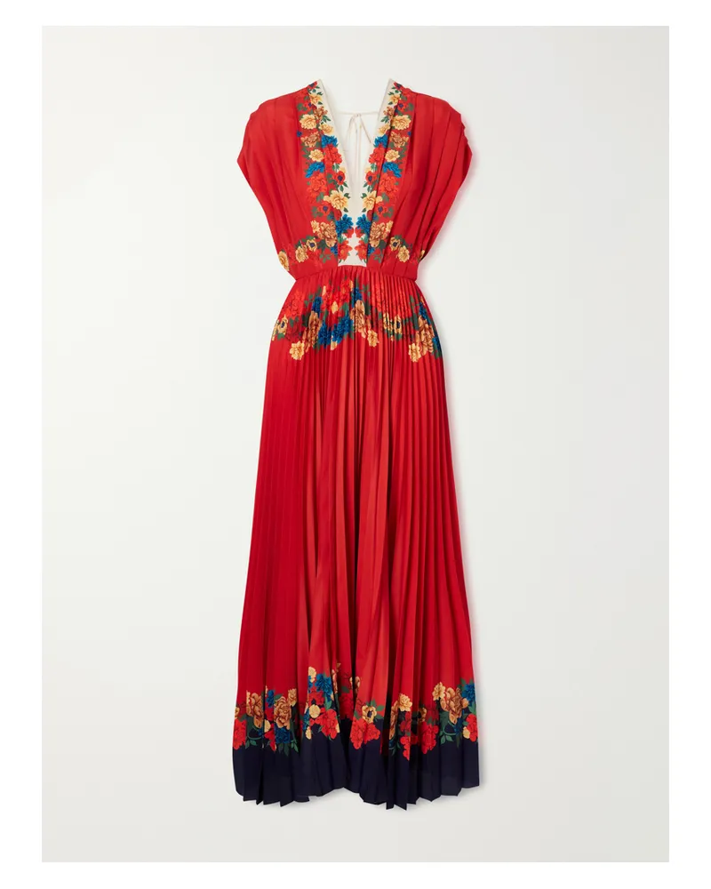 La DoubleJ Accordion Pleated Floral-print Crepe De Chine Maxi Dress - Red Red