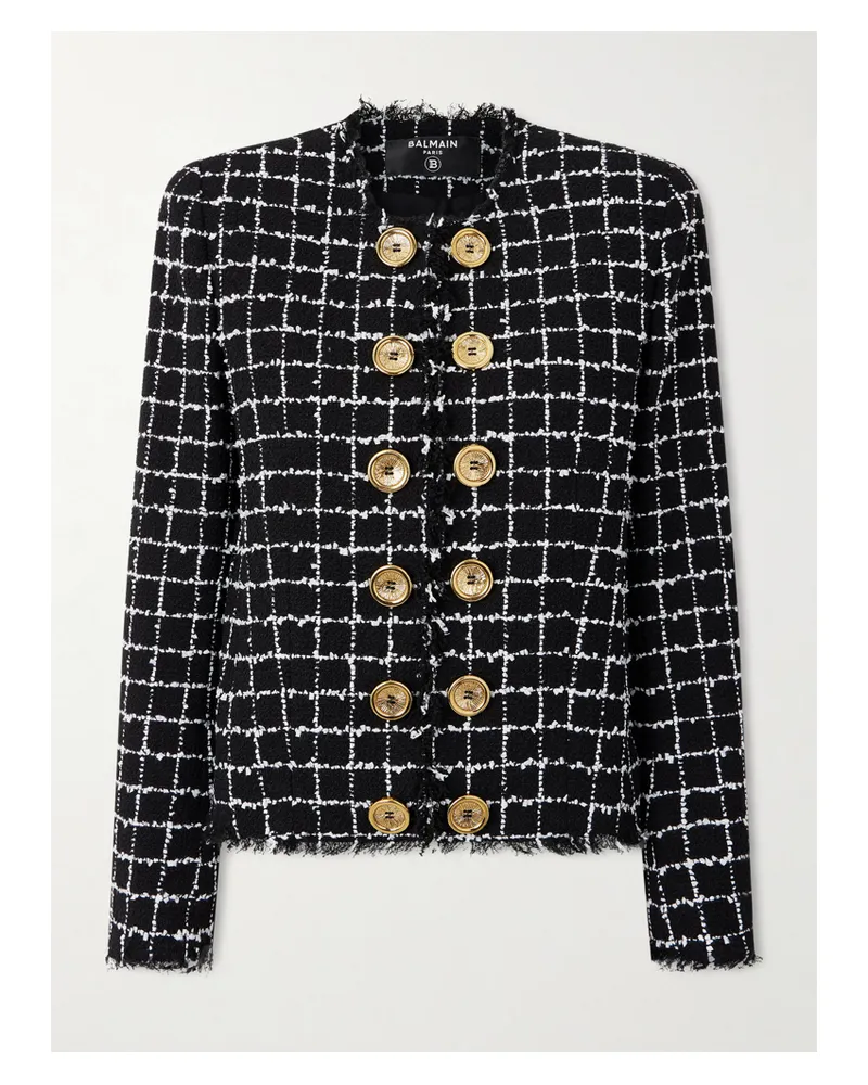Balmain Frayed Checked Bouclé-tweed Jacket - Black Black