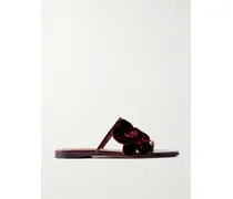Orchid Appliquéd Velvet-trimmed Glossed-leather Slides - Burgundy