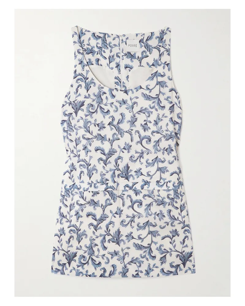 Posse Rue Printed Linen And Silk-blend Mini Dress - Blue Blue