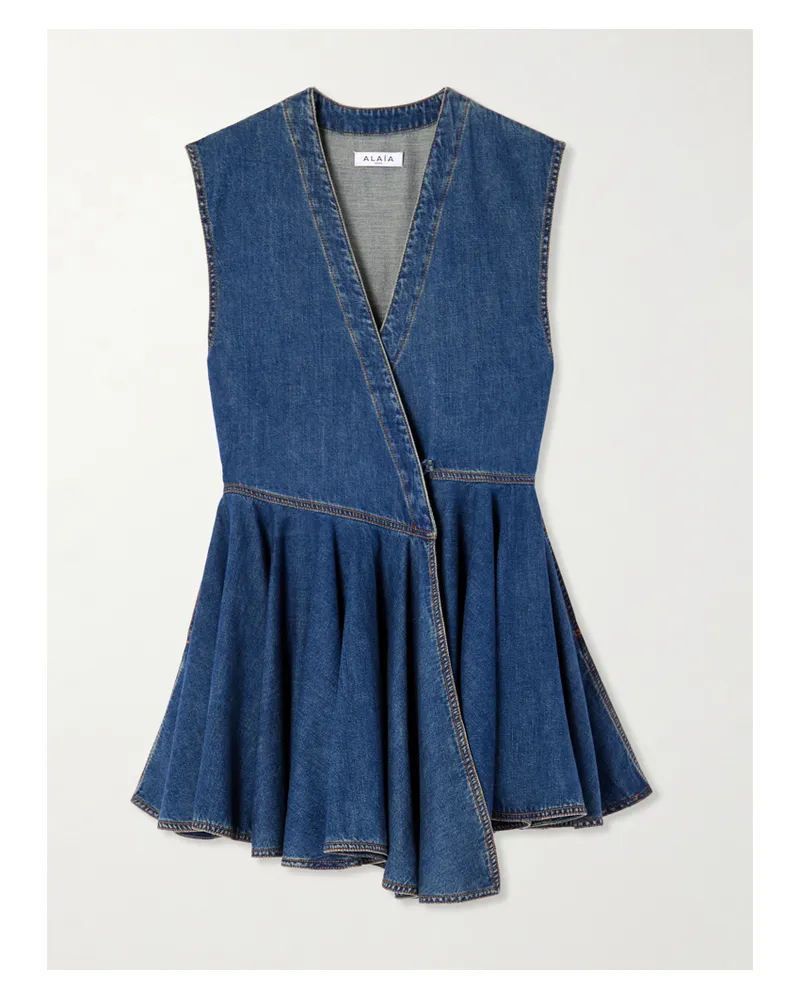 Alaïa Asymmetric Wrap-effect Denim Mini Dress - Blue Blue