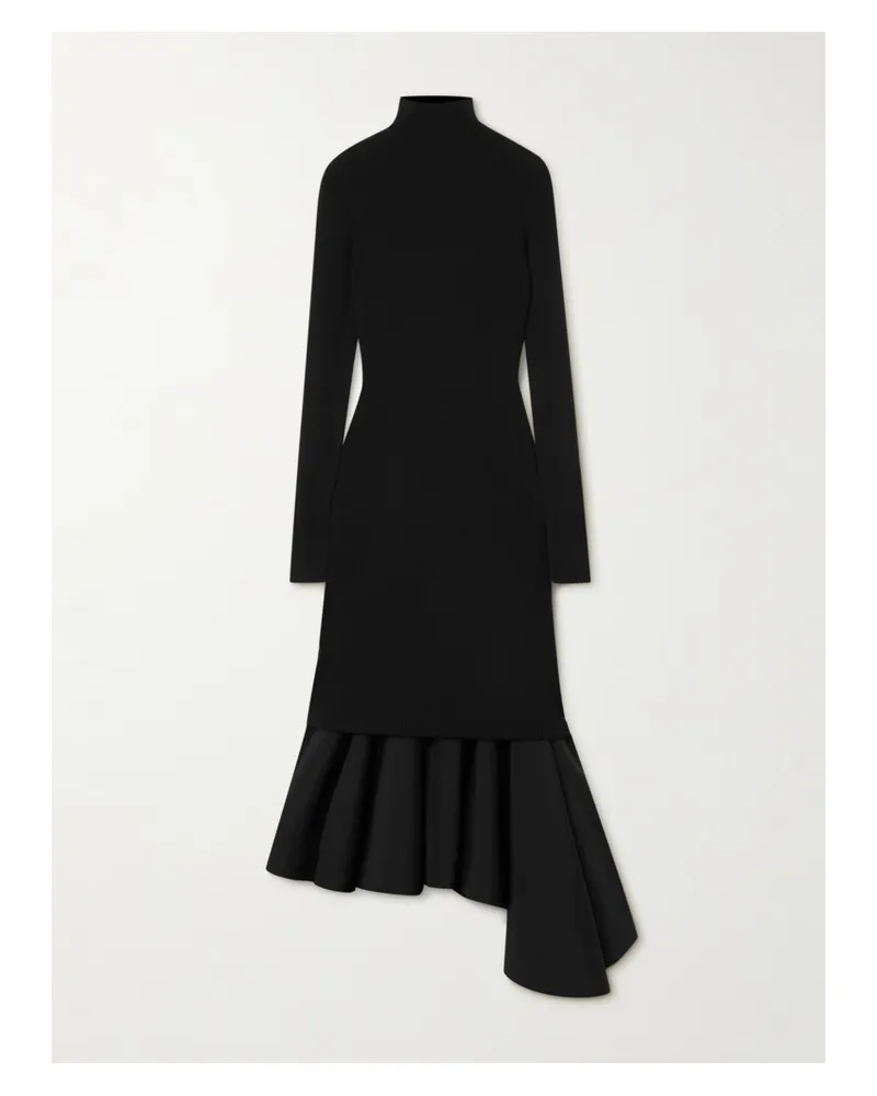 Bottega Veneta Asymmetric Satin-trimmed Ribbed-knit Turtleneck Midi Dress - Black Black
