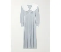 Bow-embellished Ruffled Polka-dot Silk Crepe De Chine Midi Dress - Gray