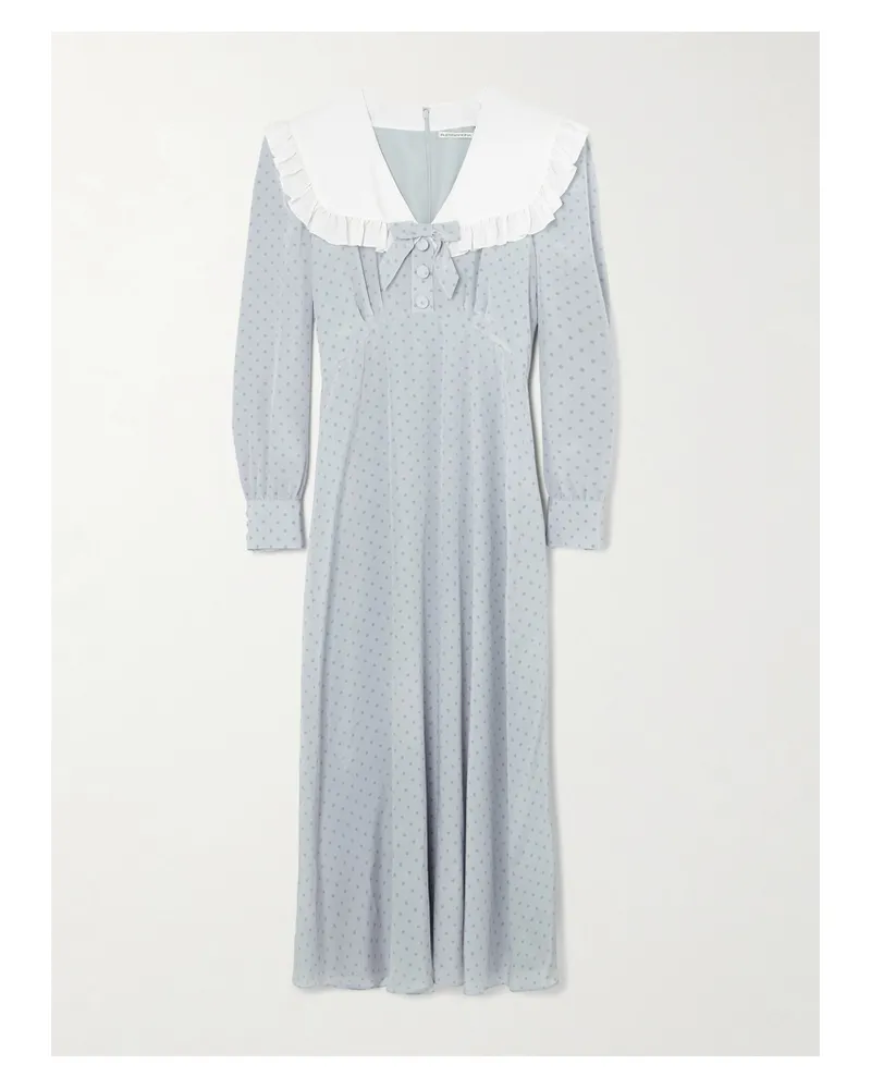 Alessandra Rich Bow-embellished Ruffled Polka-dot Silk Crepe De Chine Midi Dress - Gray Gray