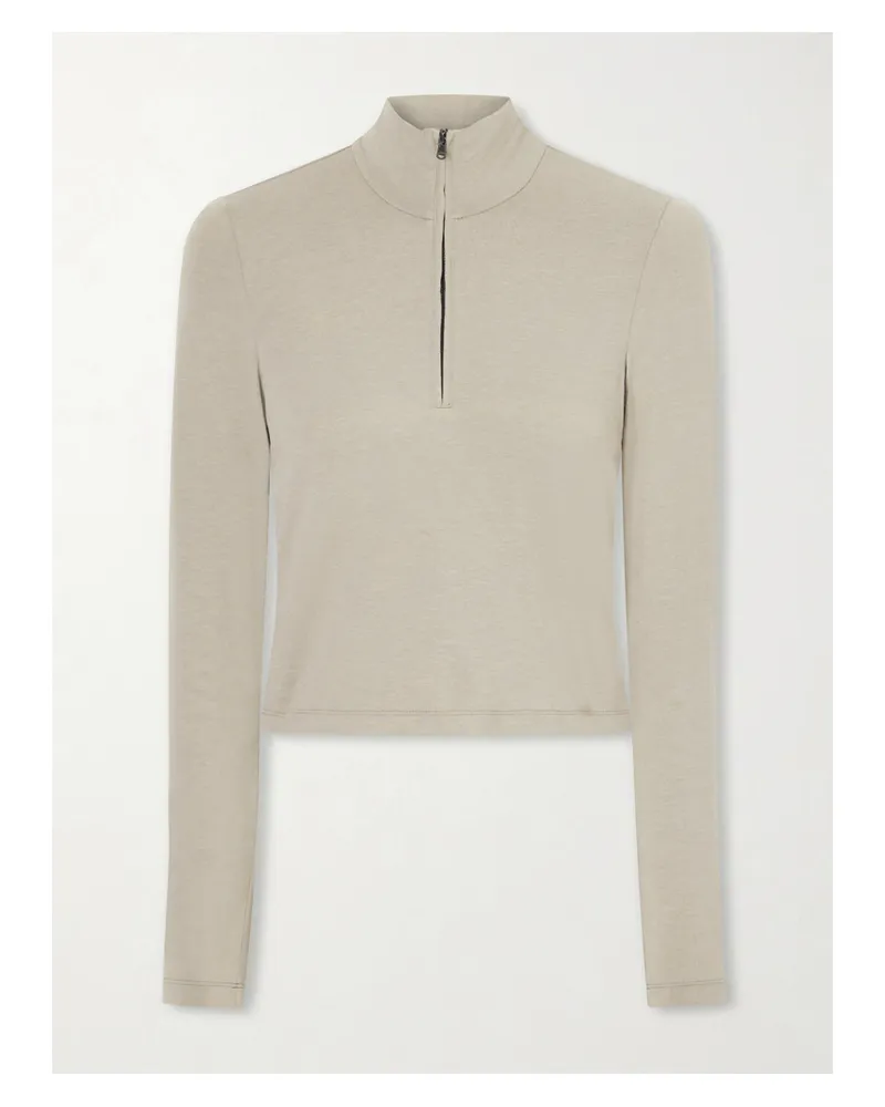 James Perse Cropped Cotton-blend Half-zip Top - Neutrals Neutrals