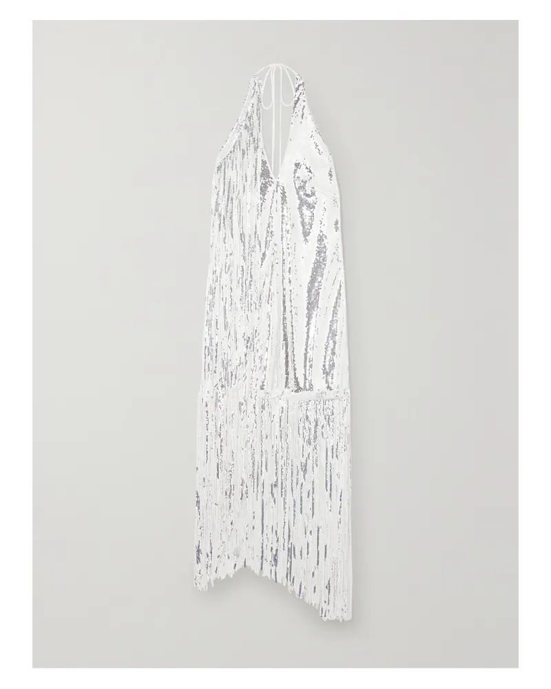 ROTATE Birger Christensen Net Sustain Noor Neckholder-minikleid Aus Crêpe Mit Pailletten Und Fransen - Weiß Weiß