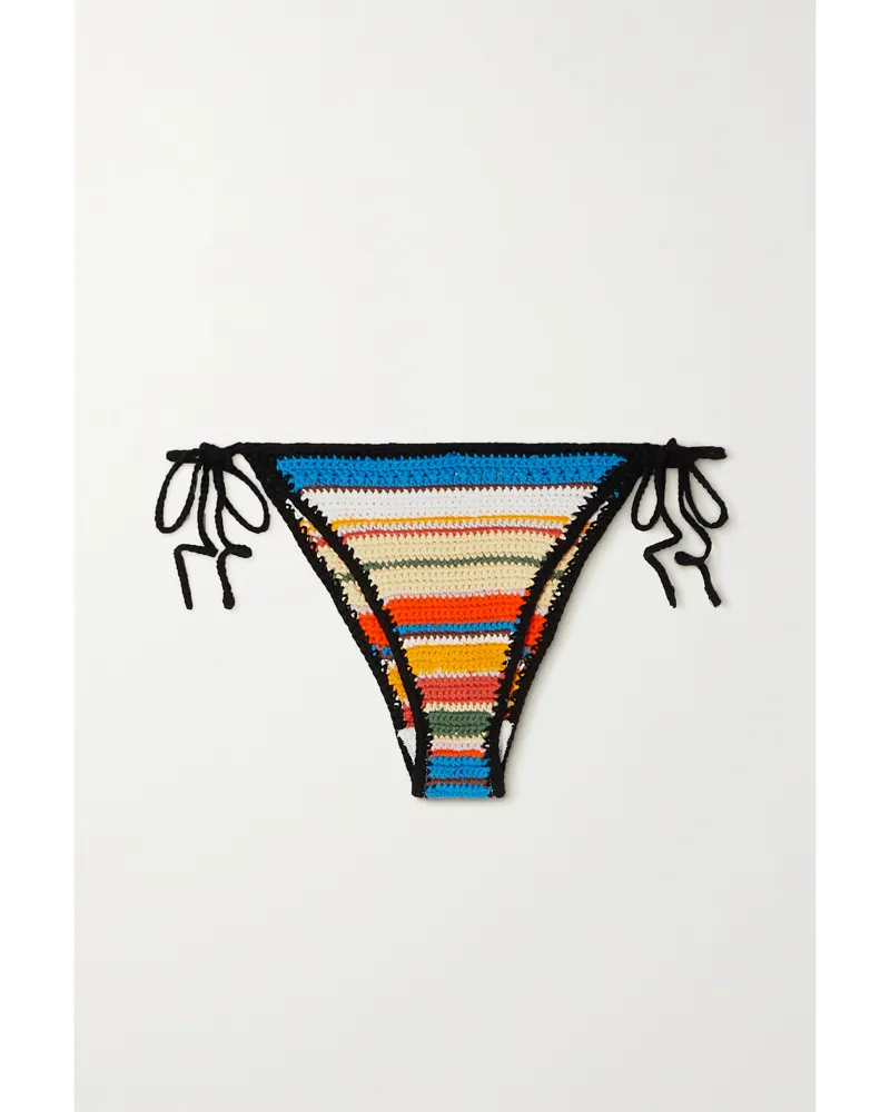 Ganni Gestreiftes Bikini-höschen Aus Gehäkelter Biobaumwolle - Weiß Weiß