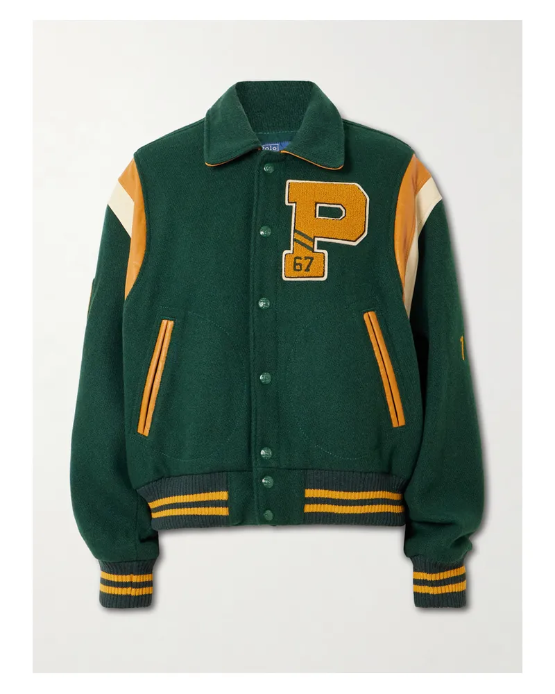 Ralph Lauren Collegejacke Aus Einer Wollmischung Mit Streifen, Applikationen Und Lederbesätzen - Grün Grün